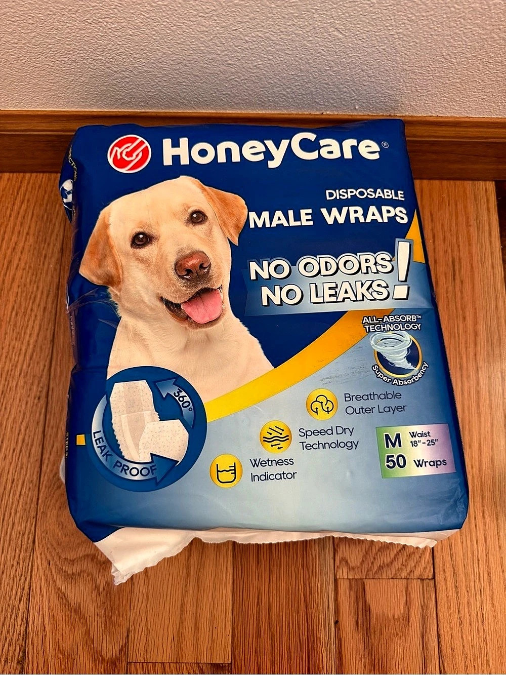 HoneyCare Disposable Male Dog Wraps Medium 50 Count 18–25” Open Box